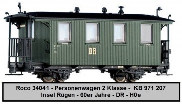 Roco 34041 - Personenwagen 2 Klasse -  KB 971 207 - Insel Rügen - 60er Jahre - DR - H0e