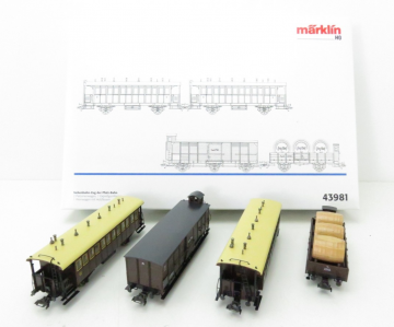 Marklin  43981   modeltrein personenwagonset   4 delige gemixte personengoederenwagen set met 2 assige personenrijtuigen en vatenwagen   pfalz bahn   h0 4