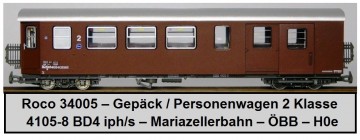 Roco 34005  gepack personenwagen 2 klasse   4105 8 bd4 iphs  mariazellerbahn  obb  h0e 1