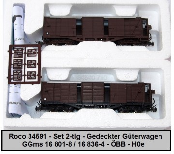 Roco 34591 - Set 2-tlg - Gedeckter Güterwagen - GGms 16 801-8 / 16 836-4 - Mariazellerbahn - ÖBB - H0e