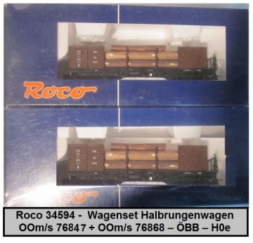 Roco 34594 -  Wagenset - Halbrungenwagen + Holz  – OOm/s 76874 + OOm/s 76868 – ÖBB – H0e
